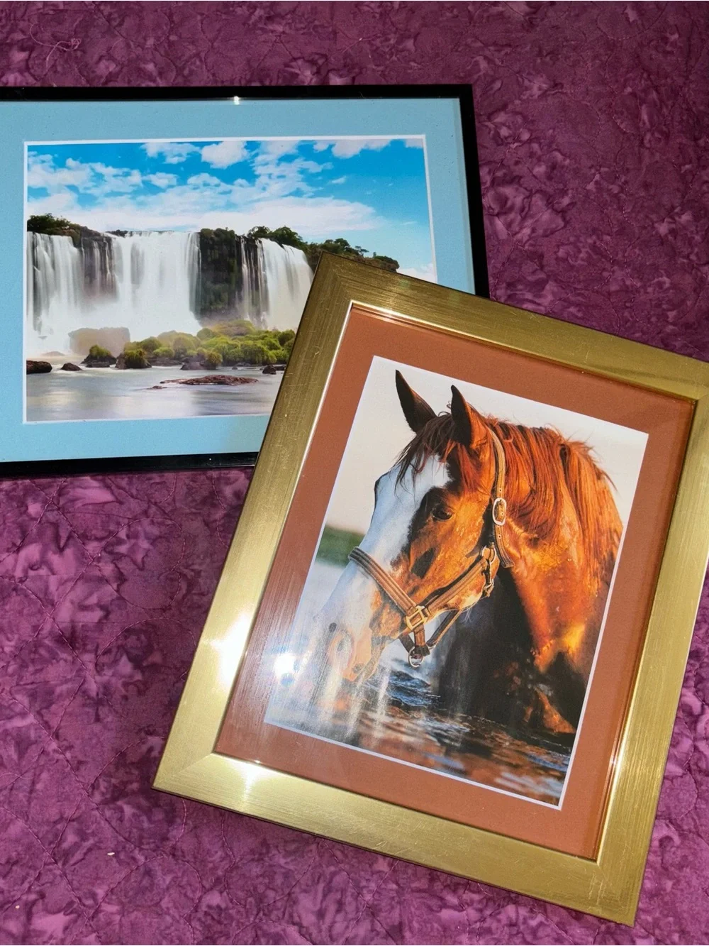 Set of two framed photos - waterfall and horse